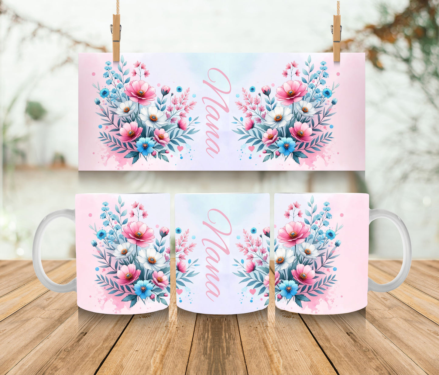 11oz Ceramic Coffee Mug - Pink Flowers - Saying Nana