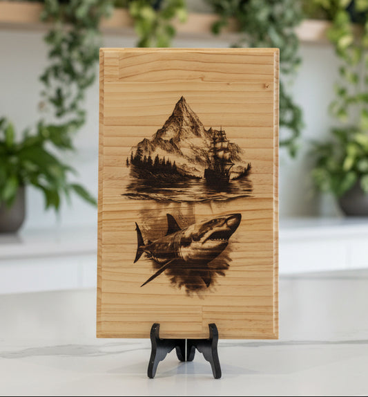 Wooden cutting board with engraved design on a gray background