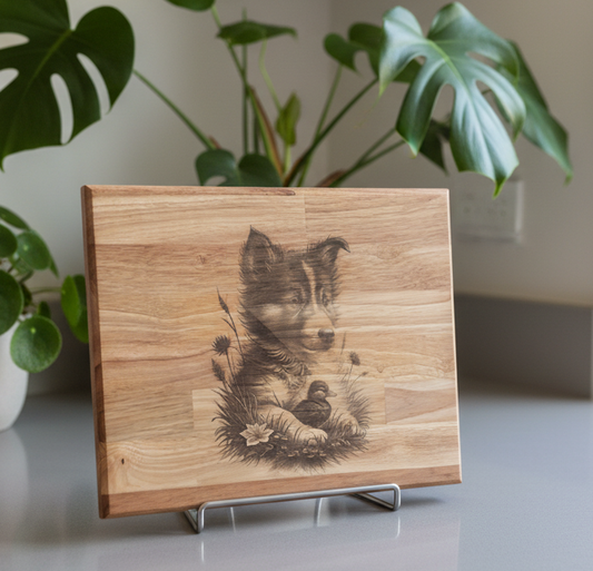 Wooden plaque with engraved image of a dog and dandelion on a white background