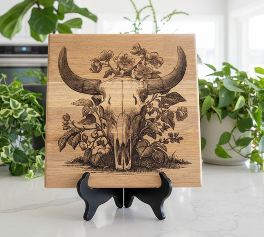 Wooden plaque with a bull skull design featuring flowers and leaves.