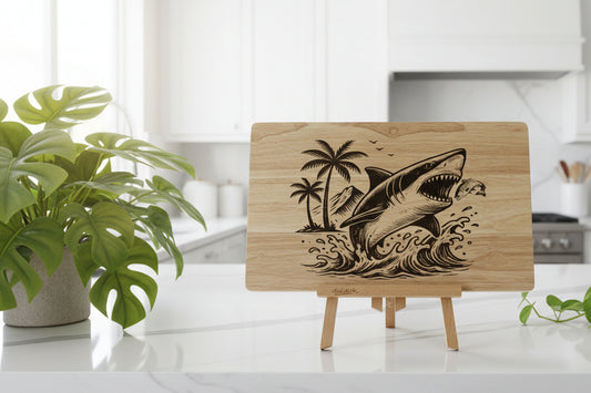 Wooden plaque with a shark design on a stand against a white background