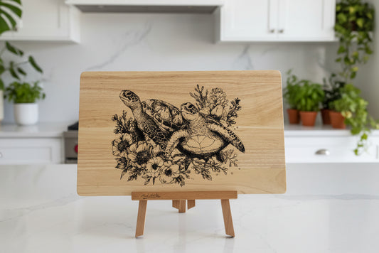 Wooden board with a turtle design on an easel against a neutral background