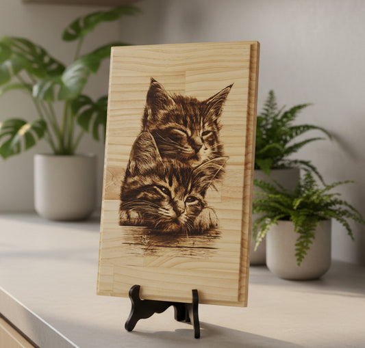 Wooden cutting board with a cat engraving on a white surface