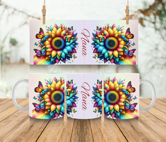 11oz Ceramic Coffee Mug - Butterfly Rainbow Flower - Saying Nana