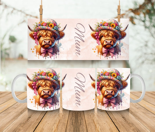 11oz Ceramic Coffee Mug - Pink Highland Cow - Saying Mum