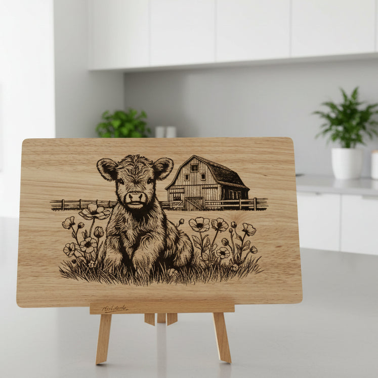 Wooden plaque with engraved cow and barn design on a stand
