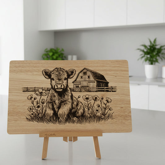 Wooden plaque with engraved cow and barn design on a stand