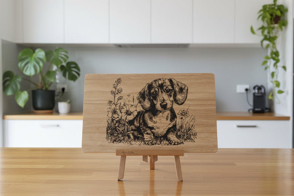 Wooden cutting board with a dog illustration on an easel in a kitchen.